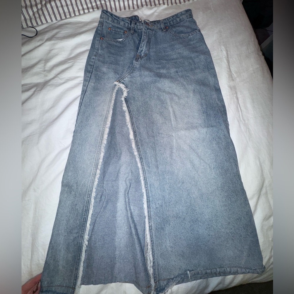 High waisted long denim skirt